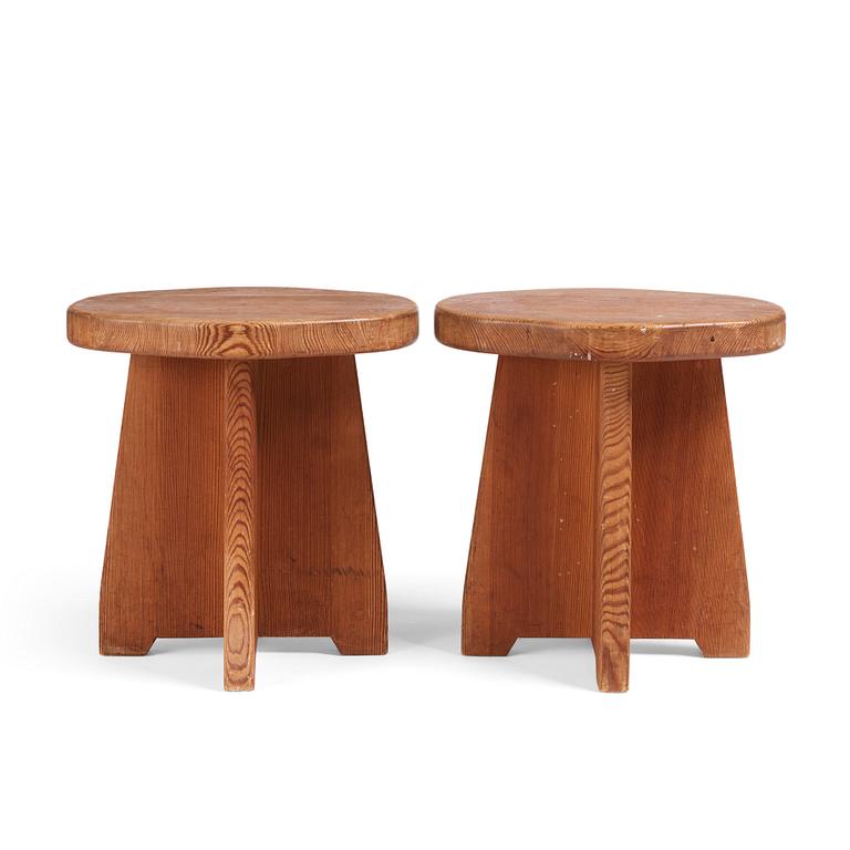 David Rosén, two 'Berga' stained pine stools, Nordiska Kompaniet, Sweden 1940s.