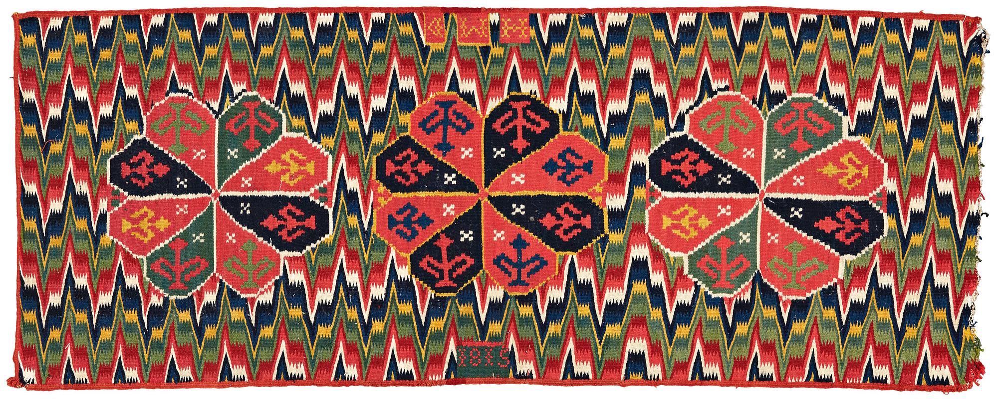 ÅKDYNA (agedyna), "Tre rosetter", rölakan, ca 47,5 x 120  cm, signerad och daterad HMD 1815, sydvästra Skåne.