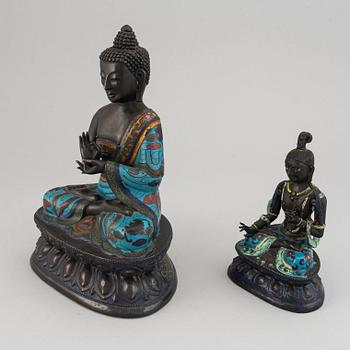 Two Chinese cloissone and bronze buddhas, 20th Century.