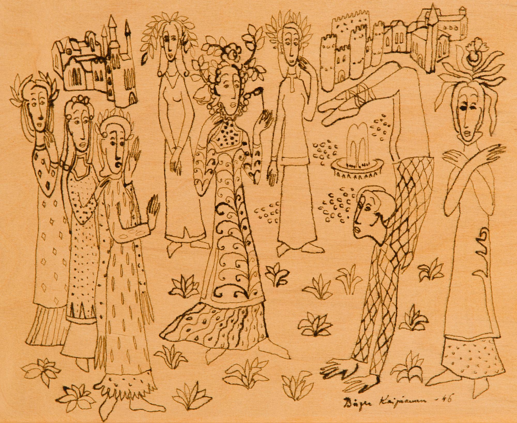 Birger Kaipiainen, piirros, tussi vanerille, signeerattu ja päivätty -46.