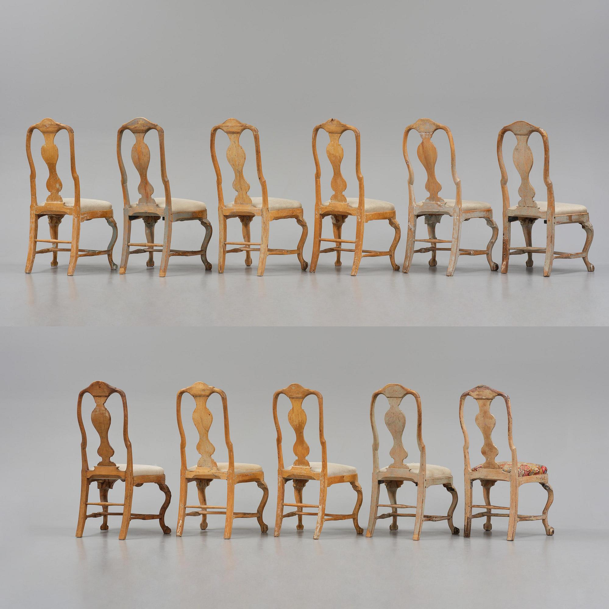 An assembled suite of eleven Swedish rococo chairs, later part 18th century.