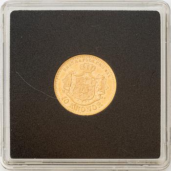 Guldmynt, Oscar II, 10 kronor, typ II,  Sverige 1876.