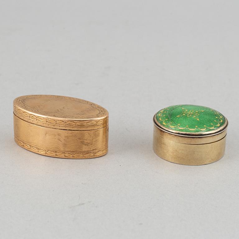 Dosa, guld, samt dosor, 4 st, silver. 1800-1900-tal.