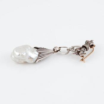A baroque probably natural saltwater pearl and diamond pendant/brooch.