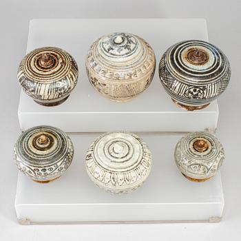 Six ceramic jars with covers, South East Asian, presumably 16/17th, also 19th century.