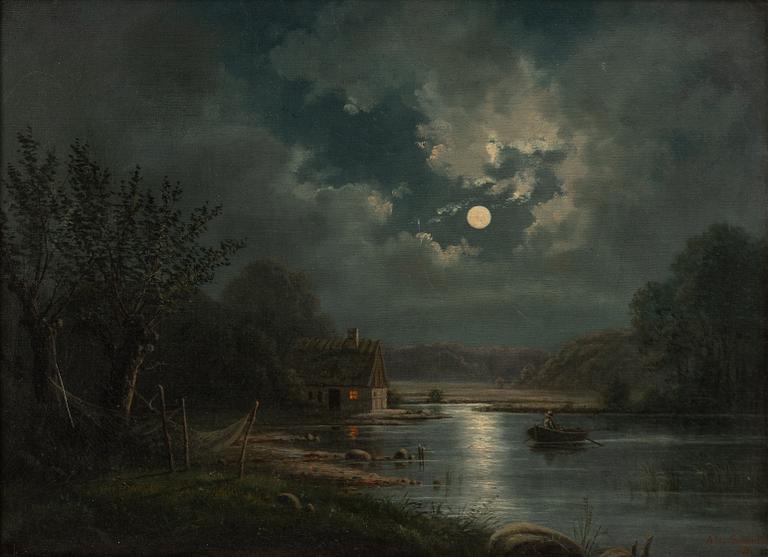Unknown artist, 19th century, Moonlit landscape.