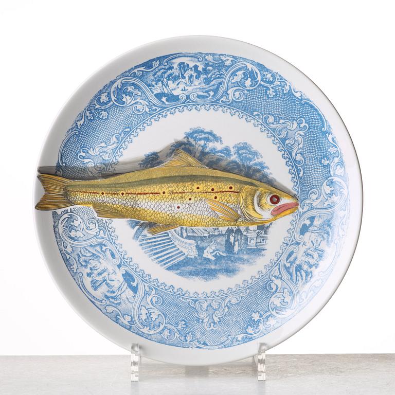 Piero Fornasetti, a set of six "Piscibus" porcelain plates, Milano, Italy.