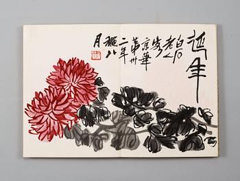 BOK med TRÄSNITT. 12 färgträsnitt efter målningar av Qi Baishi. Utgiven av Rong Bao Zhai, Beijing 1959.