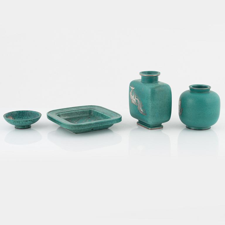 Wilhelm Kåge, vaser 2 st, skål och askfat, "Argenta", Gustavsberg.