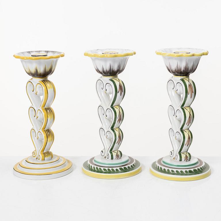 Arthur Percy, three 'Tre hjärtan' candlesticks, Gefle.