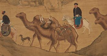 A large hand scroll of an imperial hunting part, Qing dynasty.