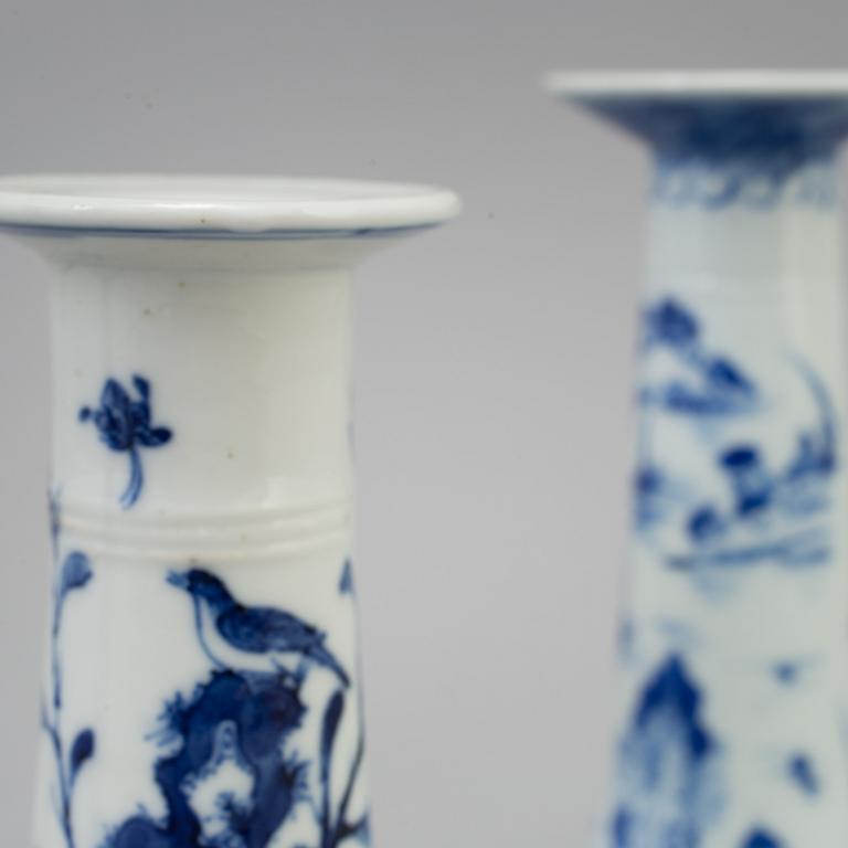 Four chinese 19th century blue and white porcelain candle holders. Qing dynasty.