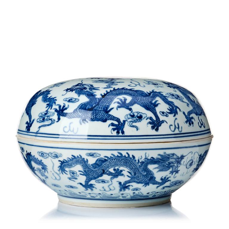 A blue and white five clawed dragon bowl, China, presumably Republic with Guangxu mark.