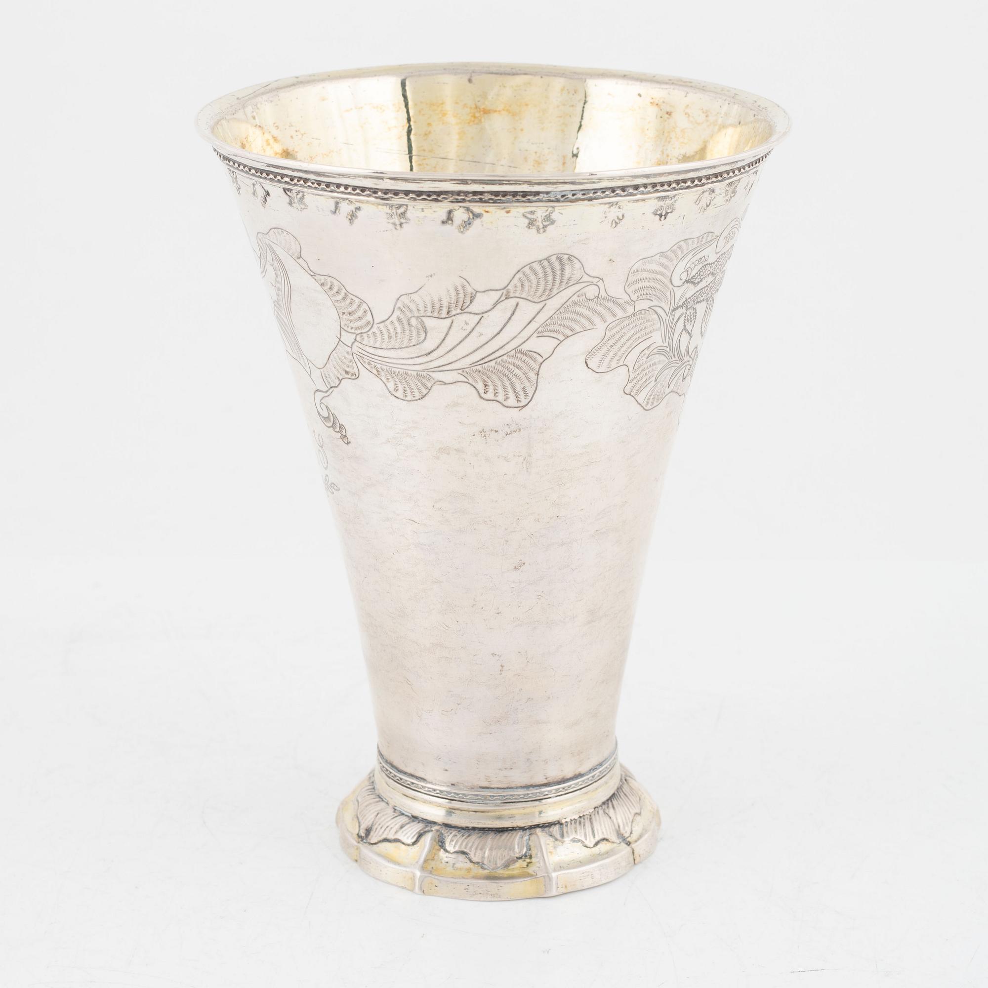 A Swedish 18th century parcel-gilt beaker, mark of Petter Julin, Köping 1765.