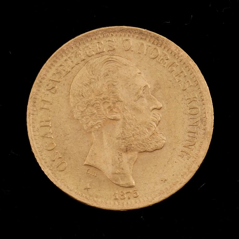 GULDMYNT, 20 Kronor, Oscar II, Sverige-Norge 1875. Vikt ca 8 gram.