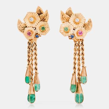 1107. A pair of emerald, ruby, sapphire and brilliant-cut diamond earrings.