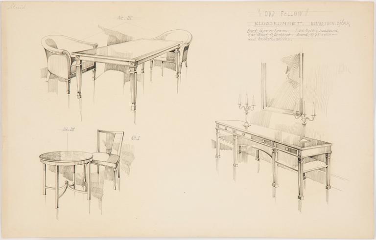 MÖBELRITNINGAR, 10 stycken, blyerts, Odd Fellow huset Stockholm 1920-tal.