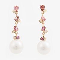 Earrings, Mandelstam, 18K gold with cultured freshwater pearls, pink tourmalines, and brilliant-cut diamonds.