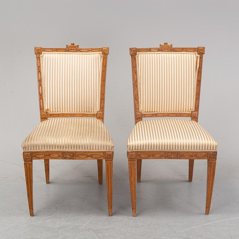 Six Louis XVI style oak chairs from around the year 1900.