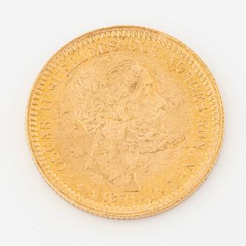 Gold coin, Oscar II, 20 kronor, type III, Sweden 1879.