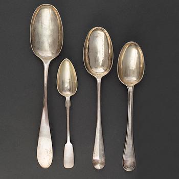 Four serving spoons and totally nine tablespoons, silver,  18th and 20th Century.