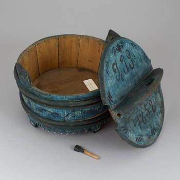 A WOODEN PORRIDGE BOWL, painted and dated 1858.