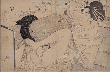 Oidentiferad konstnär, två träsnitt med erotiska s.k. 'shunga'-motiv, Japan, sen Meiji/1900-talets första hälft.
