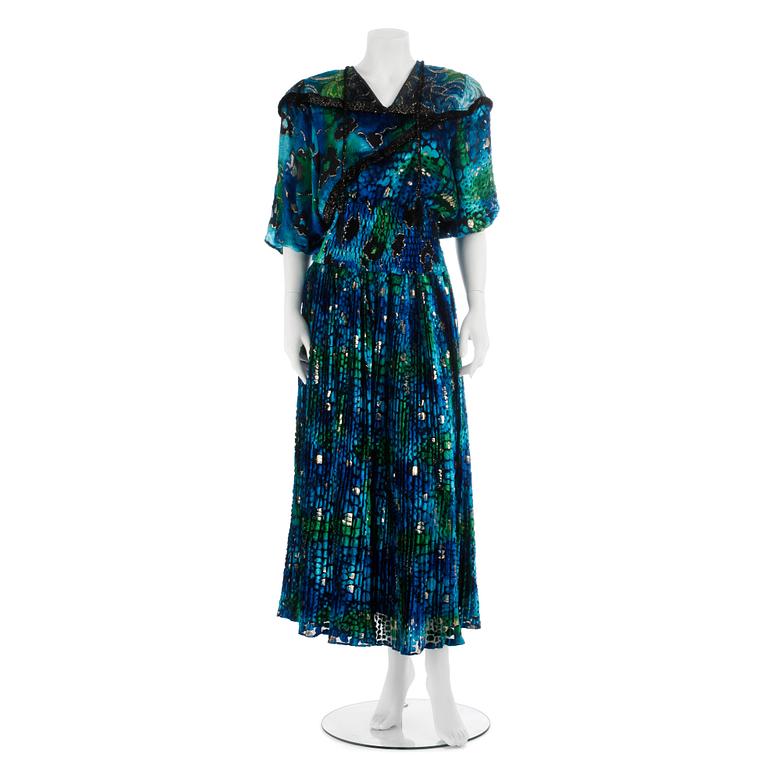 YVES SAINT LAURENT, a blue and green velvet dress.