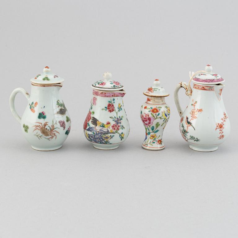 Three famille rose jugs with covers and a vase, Qing dynasty, Qianlong (1736-95).