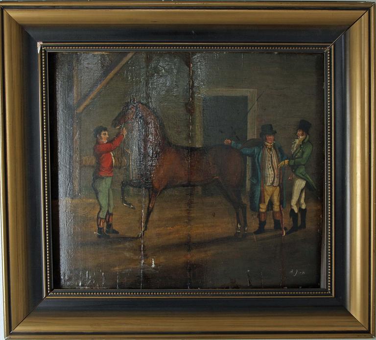 OKÄND KONSTNÄR, olja på pannå. 1800-tal, bär sign A.J-n.
