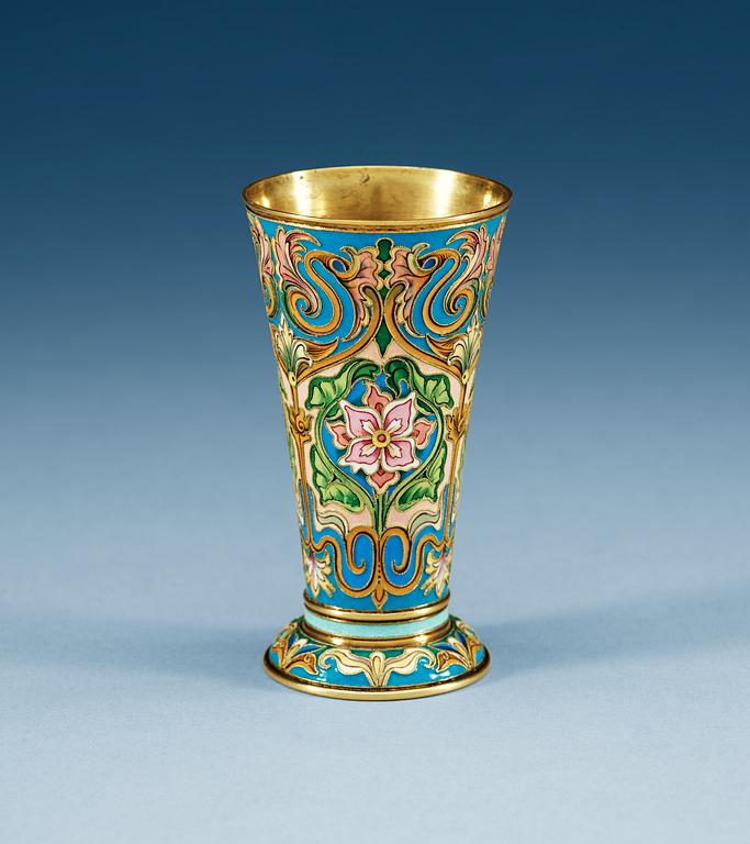 A Russian silver-gilt and cloisonné enamel beaker, makers mark of Fedor Rückert, Moscow 1880's.