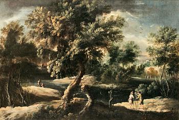 323. Salvator Rosa Hans efterföljd, Landskap med figurer och annalkande oväder.