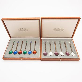 Anton Michelsen, skedar, 12 st, silver och emalj, Danmark, 1900-talets mitt.