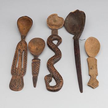 5 WOODEN SPOONS, Western Africa.