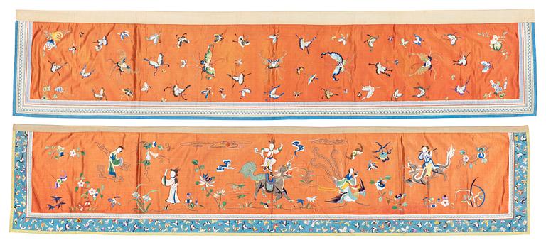 Two embroidered silk panels, Qing dynasty, circa 1900.