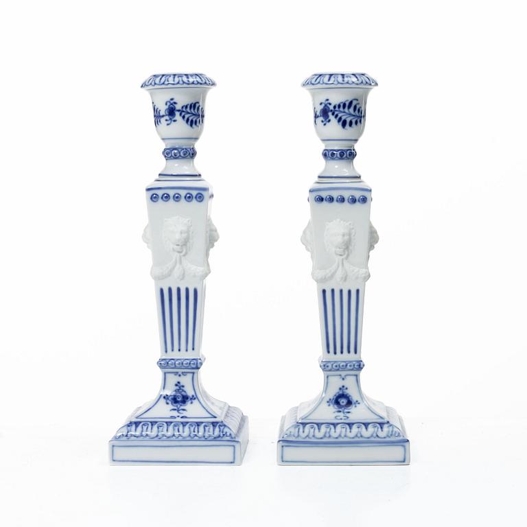 Royal Copenhagen, Candlesticks, a pair, porcelain, "Musselmalet", Denmark, 1935–1936 & 1980–1984.