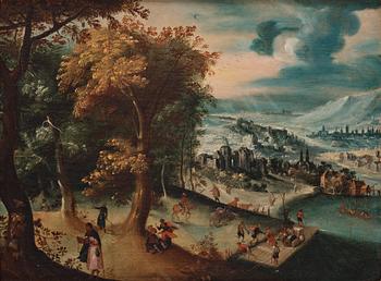 685. Lucas van Gassel Circle of, A panoramic landscape with figures outside a town.