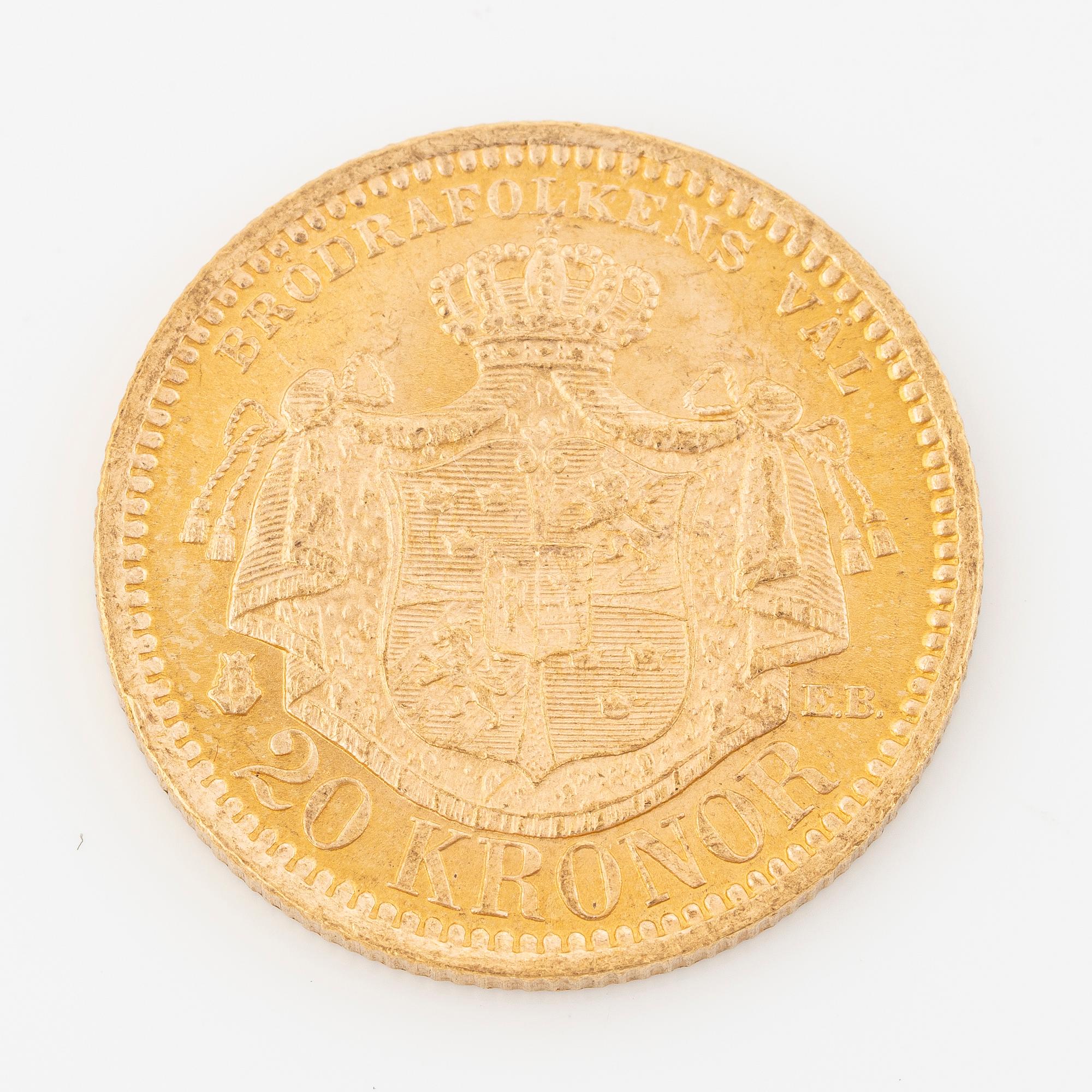 Gold coin, Oscar II, 20 kronor, type III, Sweden 1879.