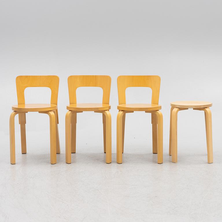 Alvar Aalto, A set of 3 model N65 chairs, and a model 60 stool, Artek, Finland, second half of the 20th century.