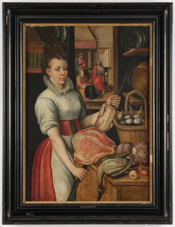 Joachim Beuckelaer, circle of/follower of, Kitchen scene with Jesus in the house of Martha and Mary in the background.