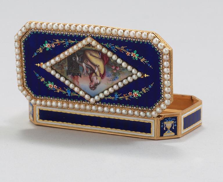 A Swiss late 18th century/early 19th century gold and enamel snuff-box.