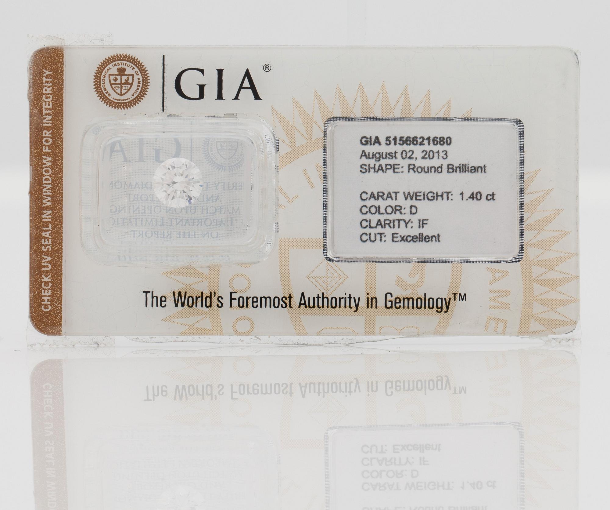 LÖS DIAMANT, 1.40 ct, kvalitet D/IF, Excellent cut (ExExEx), briljantslipad med GIA certifikat.
