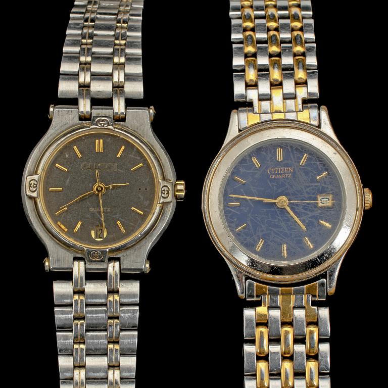 DAMARMBANDSUR, 2 st, Gucci samt Citizen, 1900-tal. Tot vikt 74 g.