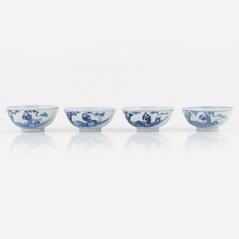 A set of four Chinese blue and white bowls, Qing dynasty, 19th century.