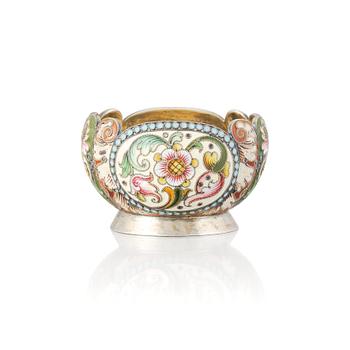 238. A Russian early 20th Century silver-gilt and enamel salt cellar. Assayer's mark Ivan Lebedkin.