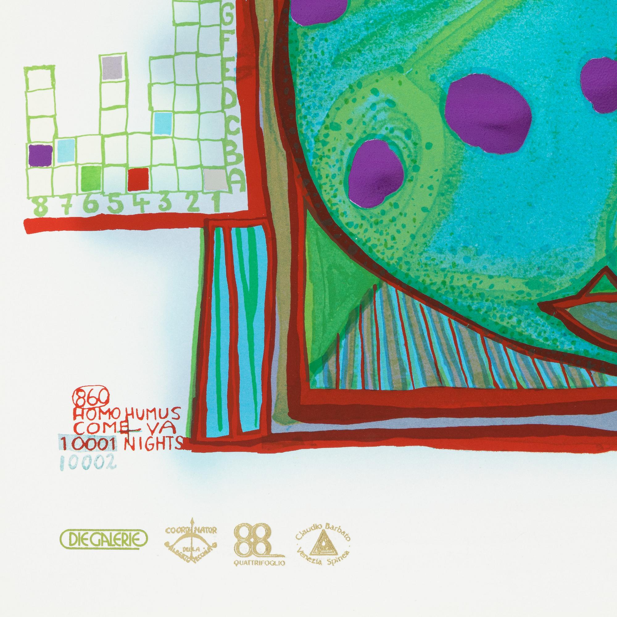 Friedensreich Hundertwasser, photo lithograph and silk screen with metal embossing, 1984. Signed and numbered 4378/10002.