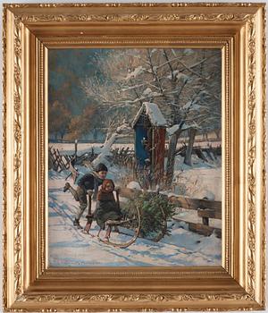 Carl Gustaf Hellqvist, Children kicksledding in the snow.