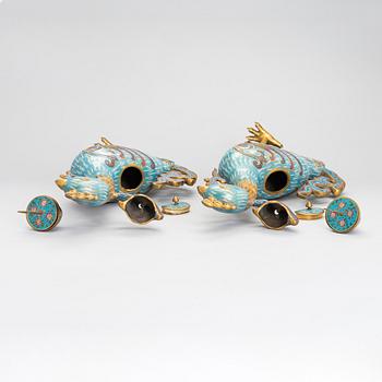 A pair of large Chinese cloisonné candle holders/censers, Qing dynasty.