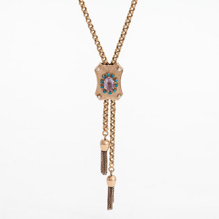 A 14K gold necklace with an amethyst, turquoises and seed pearls. Foreign marks.