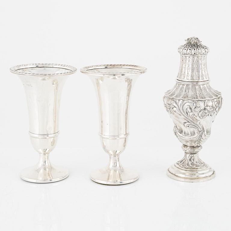 Vases 2 pcs, shakers 3 pcs, creamer, tongs, and spoon, silver.